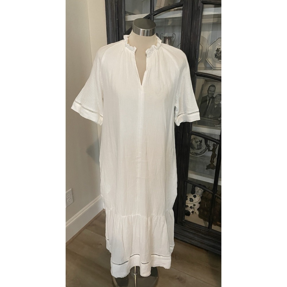 Chico's White Cotton Tiered Lined Dress Sz 1 Midi Cool Comfortable